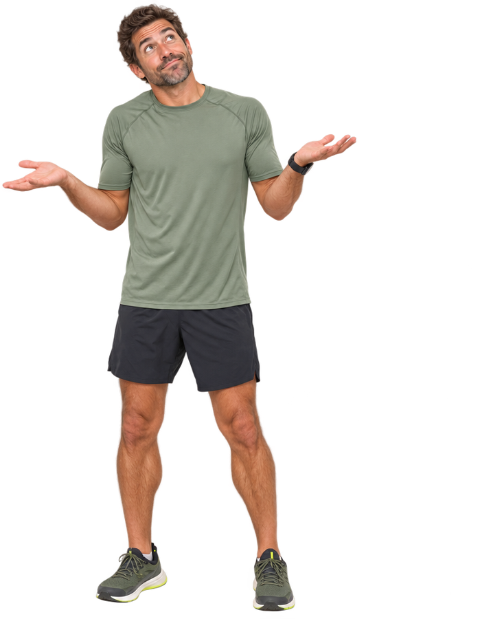 Zmatený sportovec obklopený doplňky
